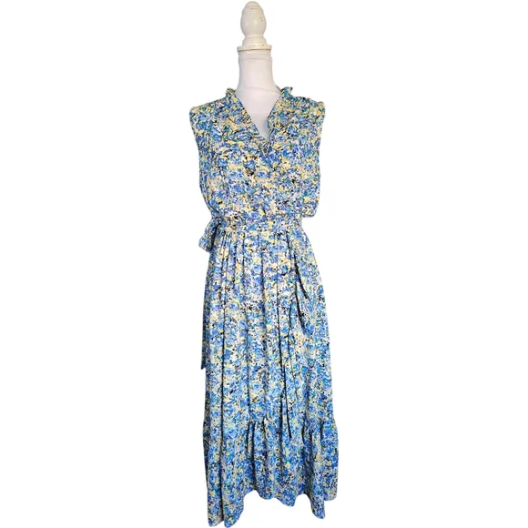 London Times Blue and Yellow Ruffled Midi Dress - Picture 3 of 8